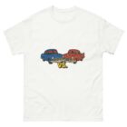 red car vs blue car white t-shirt
